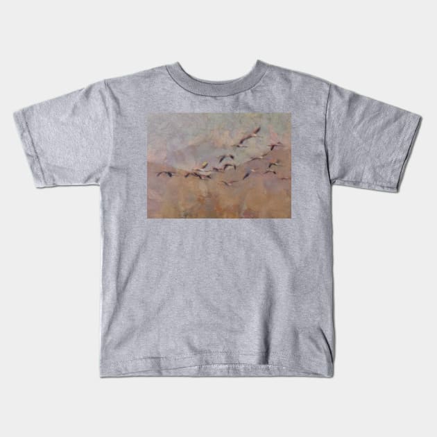 Flamingos migration Kids T-Shirt by Ryan Rad